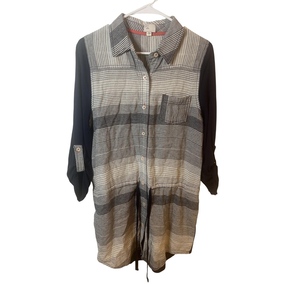 Postmark Anthropologie Med Stripe Drawstring Navy Dress Boho Minimalist‎ Linen